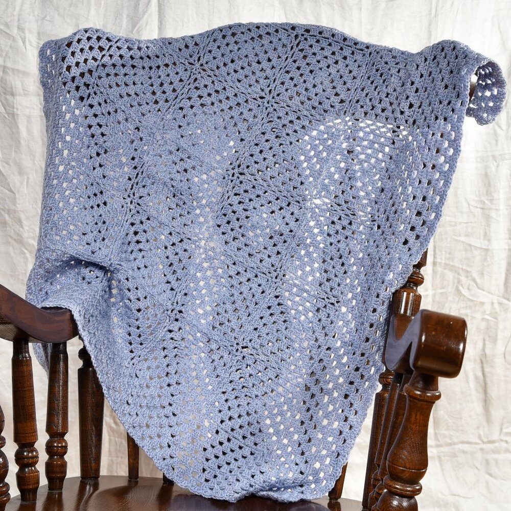 New hand crochet lap throw blanket beautiful soft blue granny squares 36" x 40"